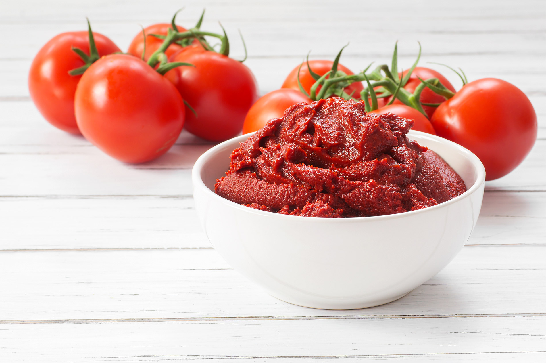 Pomodori freschi e una ciotola bianca con dentro il concentrato di pomodoro